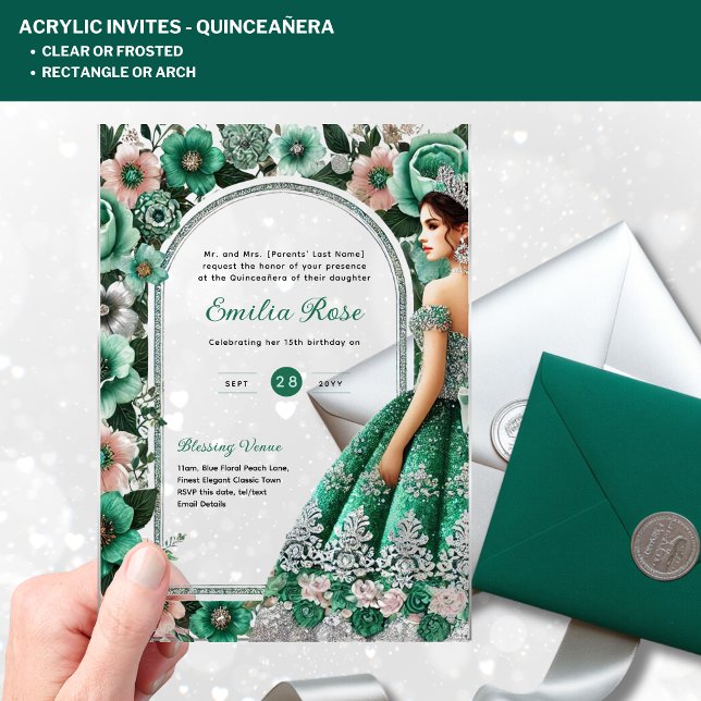 ACRYLIC Quinceañera Emerald GREEN Silver Dress Acrylic Invitations (Creator Uploaded)