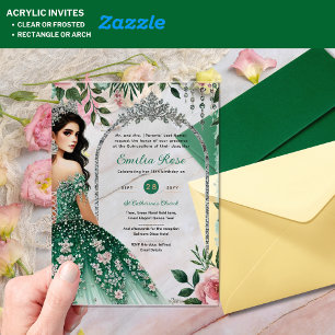 ACRYLIC Quinceañera Emerald GREEN Silver Dress Invitations