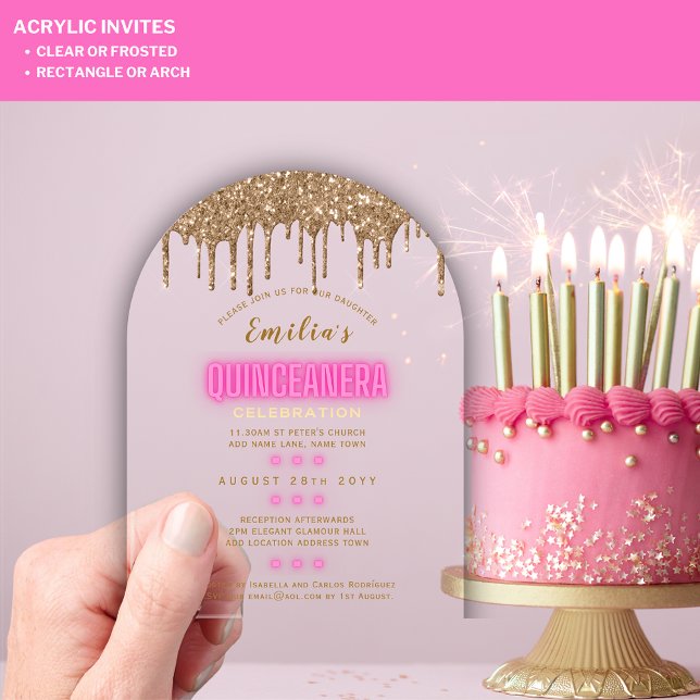 ACRYLIC Quinceanera Hot Pink Gold Glam Diva Quince Acrylic Invitations (Creator Uploaded)
