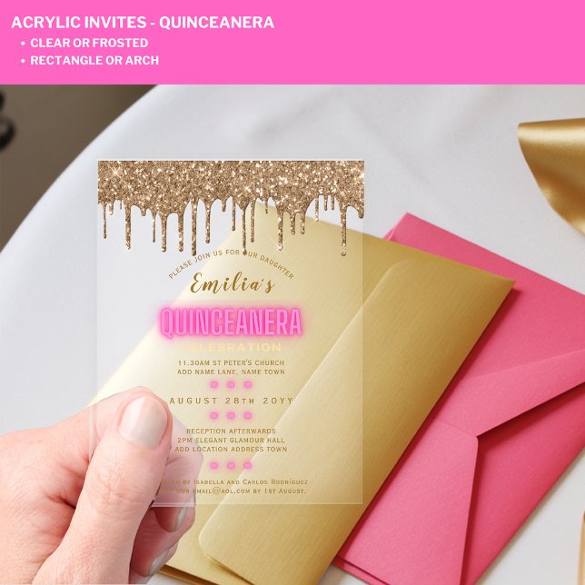 ACRYLIC Quinceanera Hot Pink Gold Glam Diva Quince Invitations (Creator Uploaded)