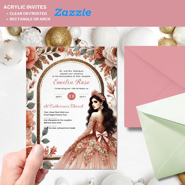 Acrylic Quinceañera Invitation – Dusty Rose Floral (Creator Uploaded)