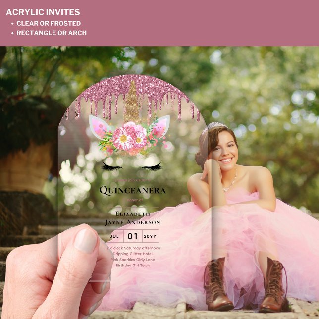 ACRYLIC Quinceanera Pink Unicorn Dripping Glitter Acrylic Invitations (Creator Uploaded)