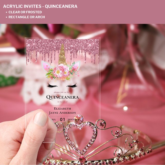 ACRYLIC Quinceanera Pink Unicorn Dripping Glitter Acrylic Invitations (Creator Uploaded)