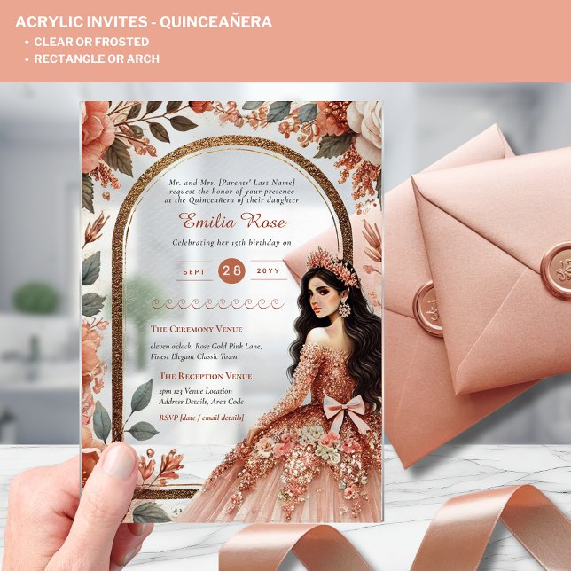 ACRYLIC Quinceanera Rose Gold Pink Dress Tiara Acrylic Invitations (Creator Uploaded)