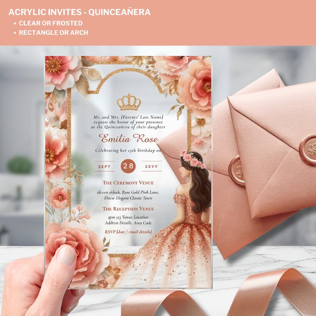 ACRYLIC Quinceanera Rose Gold Pink Dress Tiara Invitations (Creator Uploaded)
