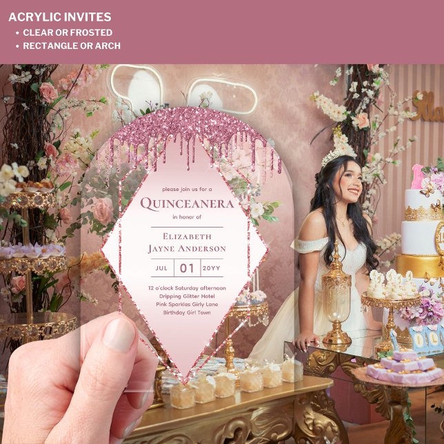 ACRYLIC Quinceanera Rose Gold Pink Glitter Acrylic Invitations (Creator Uploaded)