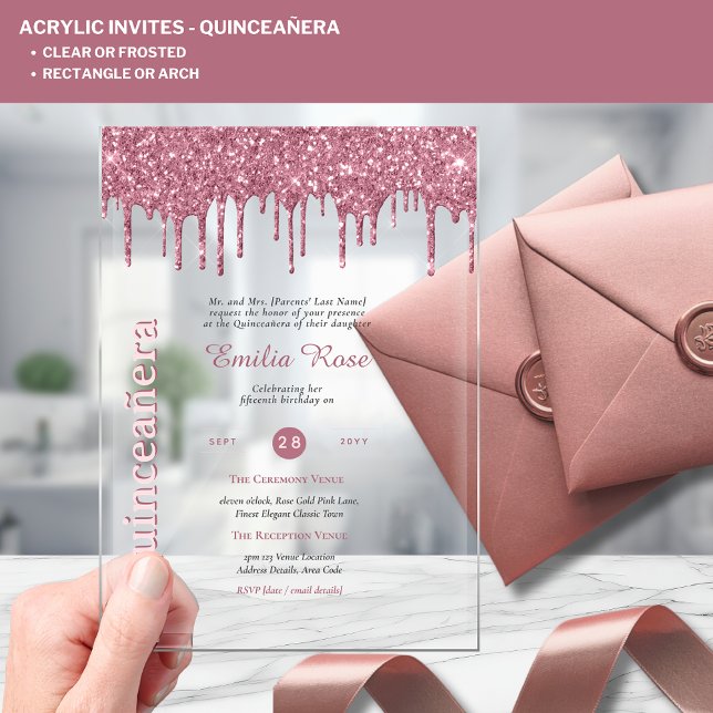 ACRYLIC Quinceanera Rose Gold Pink Glitter Acrylic Invitations (Creator Uploaded)