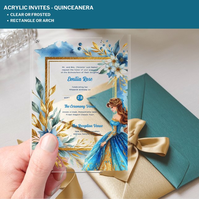 ACRYLIC Quinceanera Teal Gold Floral Dress Quince Acrylic Invitations (Creator Uploaded)