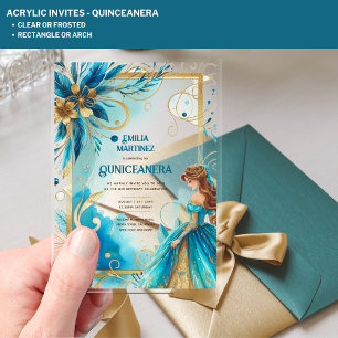 ACRYLIC Quinceanera Teal Gold Floral Dress Quince Invitations