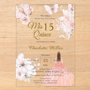Acrylic Quinceanera with Floral Pink Butterflie Invitations