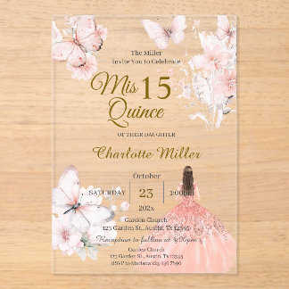 Acrylic Quinceanera with Floral Pink Butterflie Invitations