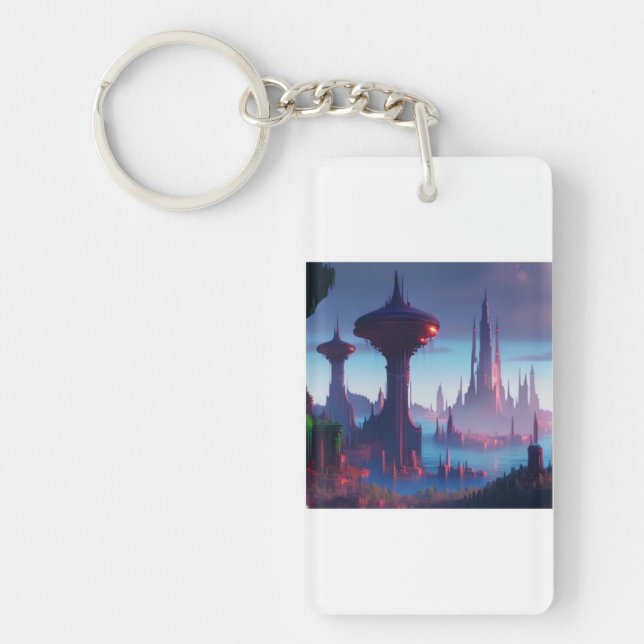 Acrylic rectangle keychain with futuristic city  (Front)