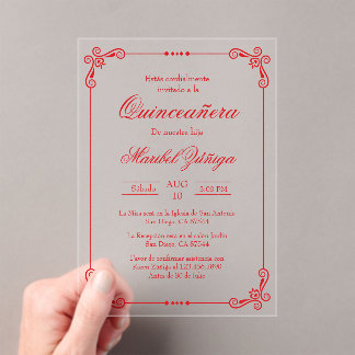 Acrylic red theme quinceañera acrylic invitations