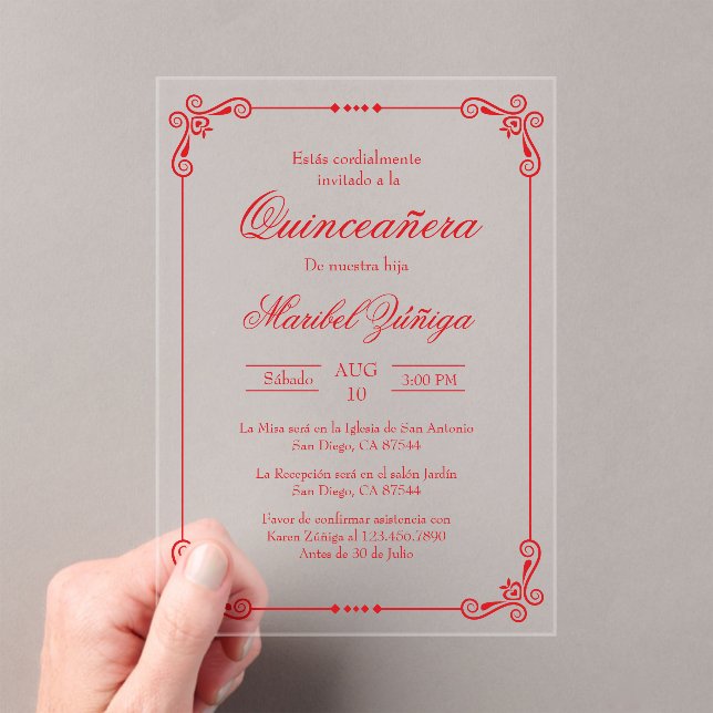 Acrylic red theme quinceañera invitations (Insitu (Handheld))