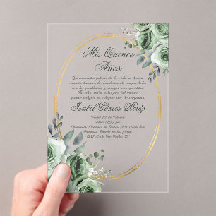 acrylic sage green quinceañera invitations