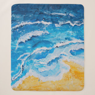 Acrylic sea and beach painting on drawing stand wi sherpa blanket
