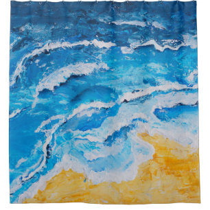 Acrylic sea and beach painting on drawing stand wi shower curtain