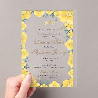 Acrylic Spanish Quinceanera yellow floral invit Acrylic Invitations