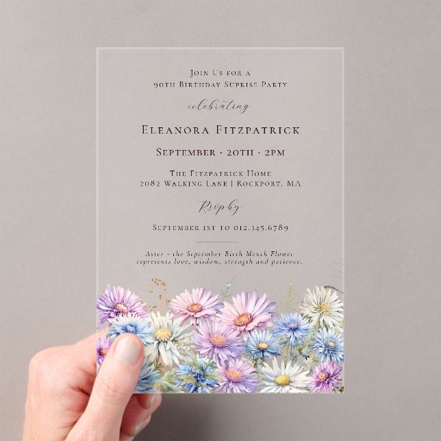 ACRYLIC SURPRISE PARTY 90 September Birth Flower  Acrylic Invitations (Insitu (Handheld))
