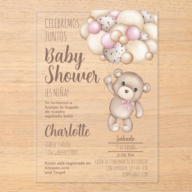 Acrylic Teddy Bear Baby Shower Girl Spanish Invitations (Front)