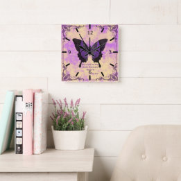 Acrylic Wall Clock Purple/Black Butterfly Saying 