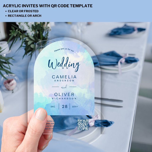ACRYLIC WEDDING Beachy Sjy BLUE Green QR Code RSVP Invitations (Creator Uploaded)