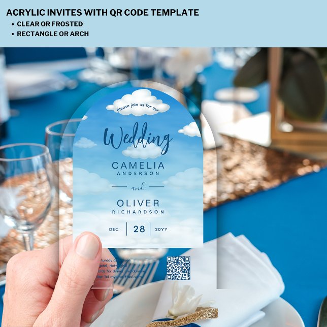 ACRYLIC WEDDING Clouds Sky BLUE Green QR Code RSVP Invitations (Creator Uploaded)