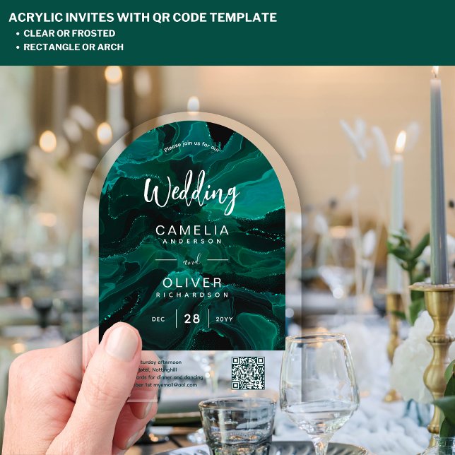 ACRYLIC WEDDING Emerald Green QR Code RSVP Website Invitations (Creator Uploaded)