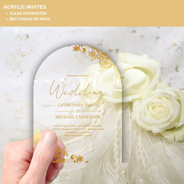 ACRYLIC Wedding Gold Lace Text Elegant Clear Acrylic Invitations (Creator Uploaded)