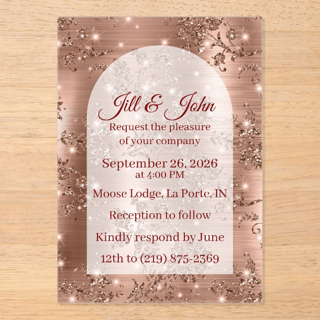 Acrylic Wedding Invitation RoseGold Arched Glitter (Front)