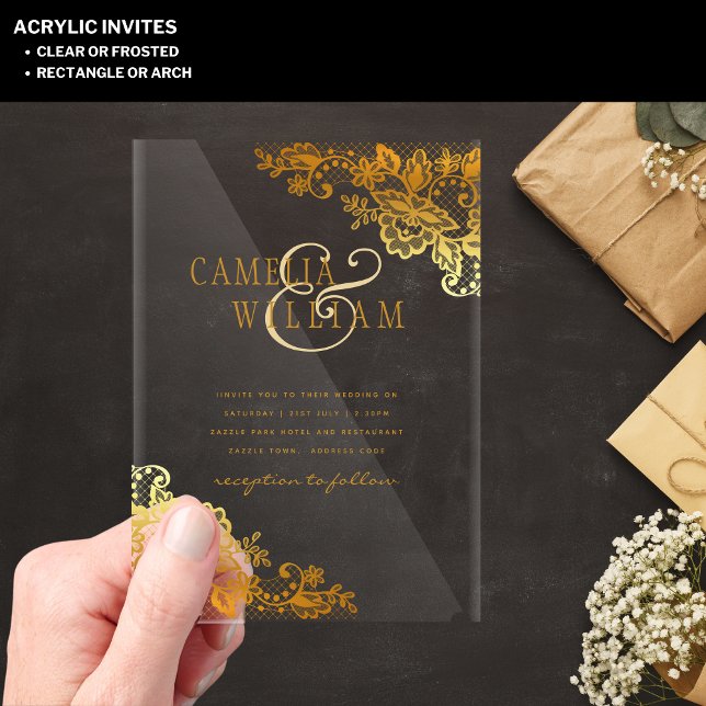 ACRYLIC Wedding Invites Gold Lace Clear Modern Acrylic Invitations (Creator Uploaded)