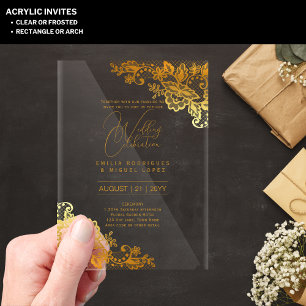ACRYLIC Wedding Invites Gold Lace Text Elegant Acrylic Invitations