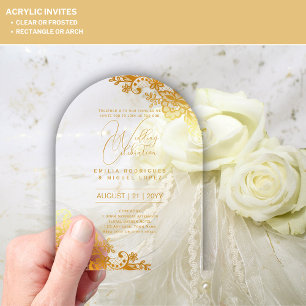 ACRYLIC Wedding Invites Gold Lace Text Elegant Acrylic Invitations