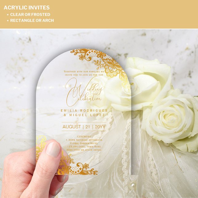 ACRYLIC Wedding Invites Gold Lace Text Elegant Invitations (Creator Uploaded)