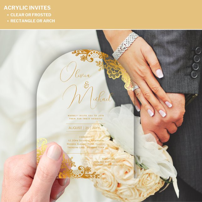 ACRYLIC Wedding Invites Gold Text Lace Elegant Acrylic Invitations (Creator Uploaded)