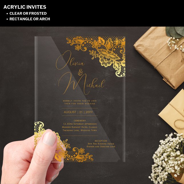 ACRYLIC Wedding Invites Gold Text Lace Elegant Invitations (Creator Uploaded)