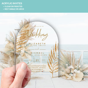 ACRYLIC Wedding Invites Tropical Gold Leaf Beach Invitations