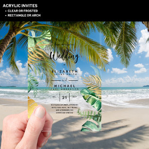 ACRYLIC Wedding Invites Tropical Gold Leaf Beach Invitations