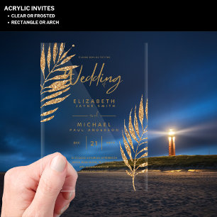 ACRYLIC Wedding Invites Tropical Gold Leaf Beach Invitations