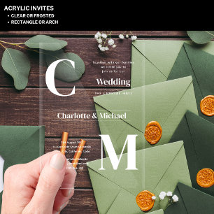 ACRYLIC Wedding Invites WHITE TEXT Bold Initials Invitations