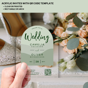 ACRYLIC WEDDING Olive Green QR Code RSVP Website Invitations