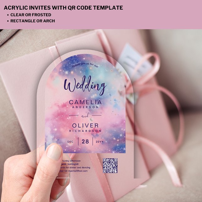 ACRYLIC WEDDING Starry Night Pink Blue QRCode RSVP Acrylic Invitations (Creator Uploaded)