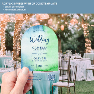 ACRYLIC WEDDING Watercolor BLUE Green QR Code RSVP Invitations