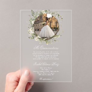 acrylic white dress quinceañera  invitations