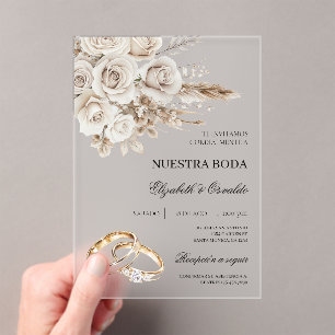 Acrylic White Floral Spanish Wedding Invitation