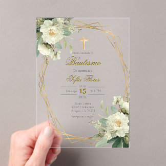 Acrylic White flower bouquet Baptism in Spanish Invitations