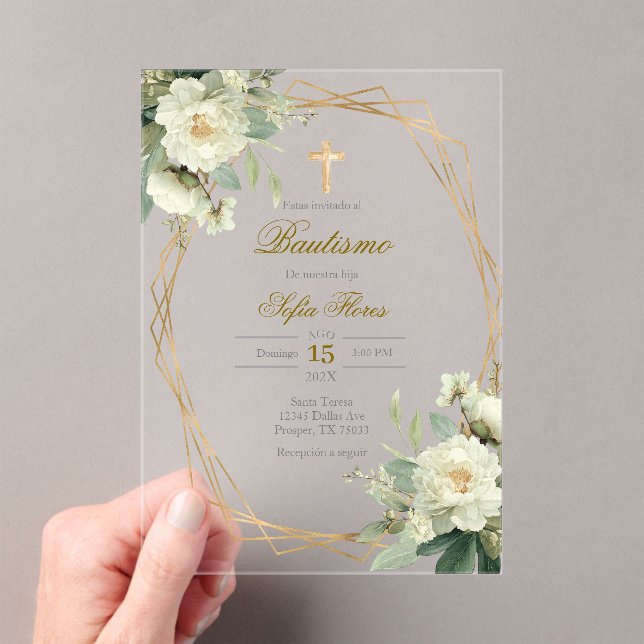 Acrylic White flower bouquet Baptism in Spanish Invitations (Insitu (Handheld))