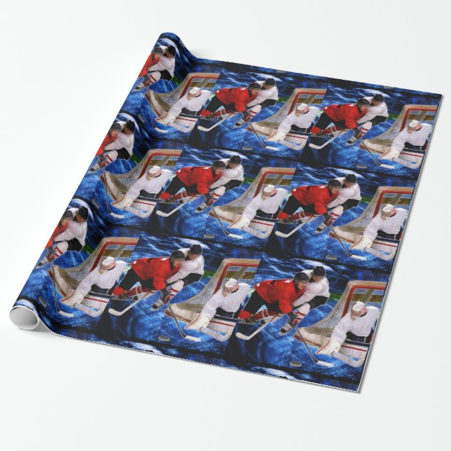 Action at the Hockey Net Wrapping Paper (Unrolled)