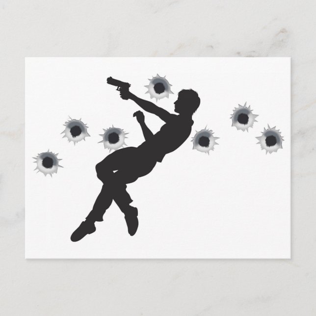 Action hero in gun fight silhouette postcard (Front)