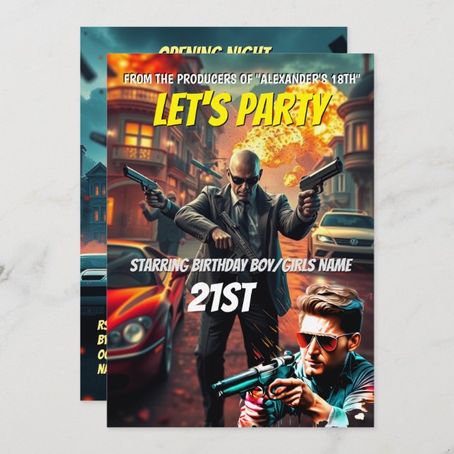Action movie poster cinema night editable DIY Invitation (Front/Back)